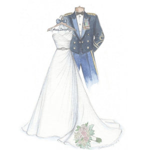 Sketch of the gown, bouquet, hanger, and military uniform 3