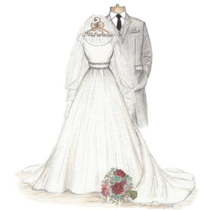 sketch of the gown, suit, bouquet, and hanger. 