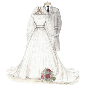 sketch of the gown, suit, bouquet, and hanger.
