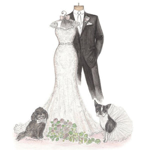 sketch of the gown, suit and 2 pets