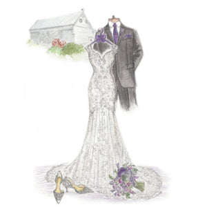 gown, suit, bouquet, heels and scenery sketched.