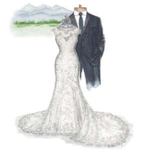 gown, suit and scenery in a sketch