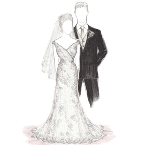 sketch of a gown, suit, veil and silhouette
