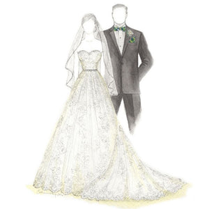 sketch of a gown, suit, and silhouette