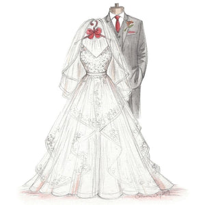 sketch of a gown, gray suit and veil