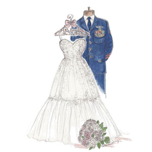 Sketch of the gown, bouquet, and military uniform 5