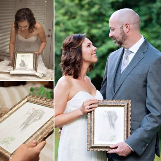 Bride gift of a sketch with the couple holding the frame. 
