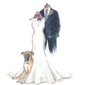 sketch of the gown, suit and pet next to the bride
