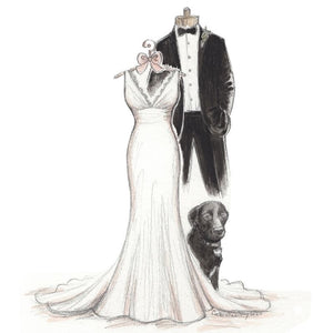 sketch of the gown, suit and pet