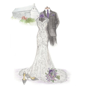gown, suit, bouquet, heels and scenery sketched. 