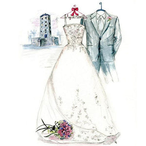 gown, suit and scenery sketched