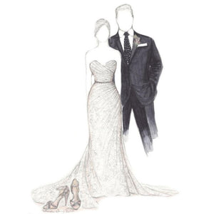 sketch of a gown, suit, heels and silhouette