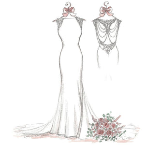 sketch of a gown, bouquet and small back