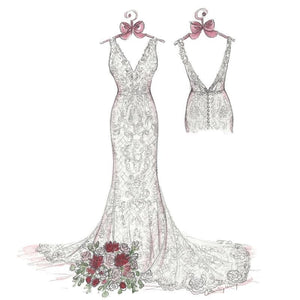 sketch of a gown, bouquet and small back