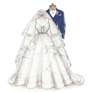 sketch of a gown, suit and veil